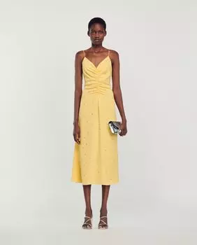 Длинное присборенное платье со стразами Sandro, желтый