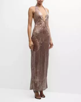 Длинное прозрачное платье с лямкой на бретельках и пайетками LAPOINTE, цвет Sand