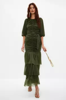 Длинное серебристое вечернее платье цвета хаки с рюшами Trendyol Modest