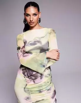 Длинное сетчатое платье ASOS DESIGN с длинными рукавами, двойными завязками сзади, с желтым и зеленым цветочным принтом