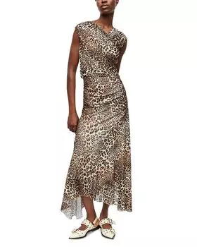Длинное сетчатое платье-кроссовер с леопардовым принтом и сборками GANNI, мультиколор