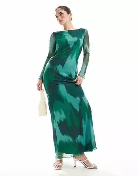 Длинное сетчатое платье Vero Moda темно-зеленого цвета с абстрактным узором и длинными рукавами