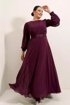 Длинное шифоновое платье больших размеров со сборкой спереди и поясом, бордово-красное By Sayg, белый