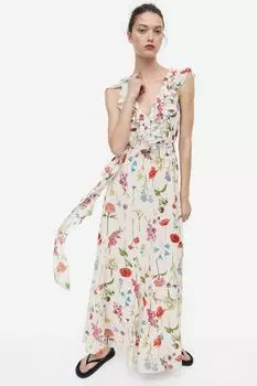 длинное шифоновое платье H&M, кремовый/цветочный