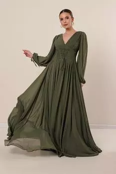 Длинное шифоновое платье на косточках с кружевом спереди и спереди By Sayg, хаки