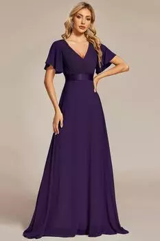 Длинное шифоновое платье подружки невесты с завышенной талией и короткими развевающимися рукавами Ever Pretty, фиолетовый