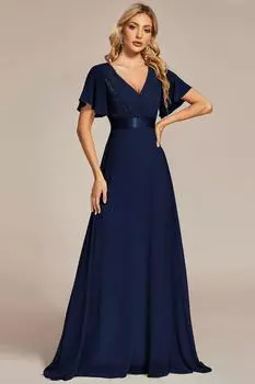 Длинное шифоновое платье подружки невесты с завышенной талией и короткими развевающимися рукавами Ever Pretty, синий