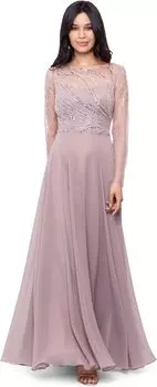 Длинное шифоновое платье с длинными рукавами с иллюзией и пайетками XSCAPE, цвет Blush