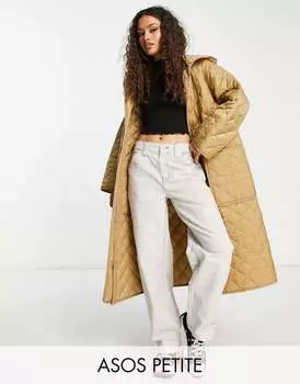 Длинное стеганое пальто светло-коричневого цвета ASOS DESIGN Petite