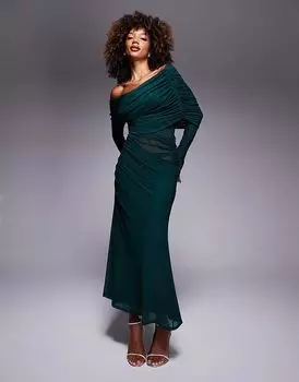 Длинное свободное платье-макси с длинными рукавами и сетчатым миксом в бутылочно-зеленом цвете ASOS DESIGN