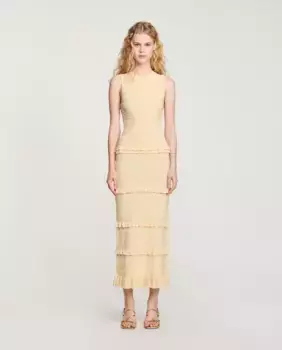 Длинное трикотажное платье с оборками Sandro, цвет Natural