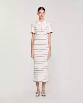 Длинное трикотажное платье с воротником-поло Sandro, белый