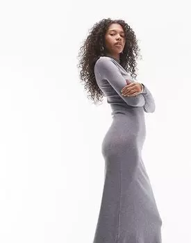 Длинное трикотажное платье с высоким воротом и разрезом по бокам серого цвета Mango