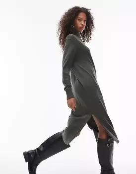 Длинное трикотажное платье с высоким воротом и разрезами по бокам темно-зеленого цвета Mango