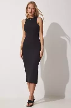 Длинное трикотажное платье Saran с круглым вырезом Happiness stanbul, черный