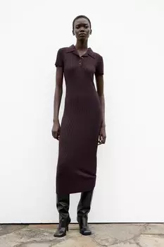 Длинное трикотажное платье в ребрику ZARA, цвет aubergine