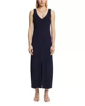 Длинное трикотажное платье в рубчик из хлопка Esprit, темно-синий