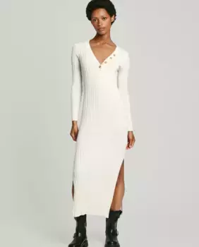 Длинное трикотажное платье в рубчик с V-образным вырезом Pepe Jeans, кремовый