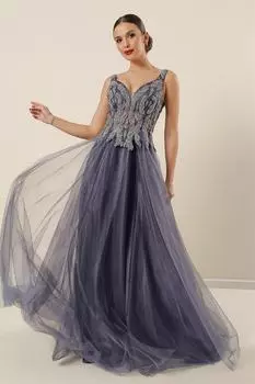 Длинное тюлевое платье цвета индиго с V-образным вырезом спереди и сзади на подкладке из бисера By Sayg, темно-синий