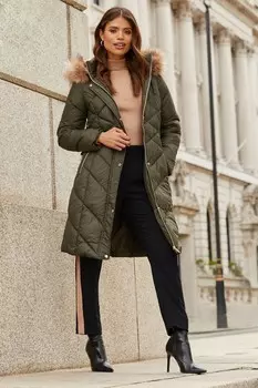 Длинное утепленное пальто с поясом и капюшоном на меху Lipsy, зеленый