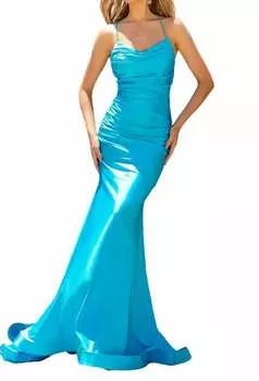 Длинное вечернее платье с воротником-хомутиком и шлейфом бирюзового цвета Amelia Couture