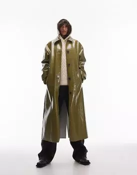 Длинное виниловое пальто цвета хаки Topshop