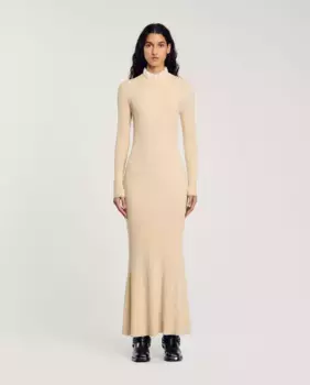 Длинное вязаное платье Sandro, бежевый