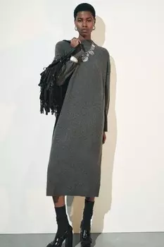 Длинное вязаное платье ZARA, средне-серый