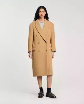 Длинное женское тканевое пальто из смесовой шерсти Sandro, цвет Camel