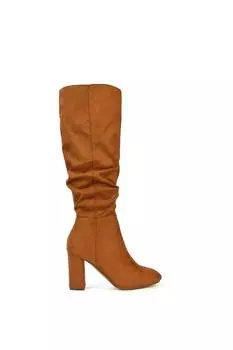 Длинные ботинки на блочном каблуке 'Alana' со сборками и молниями XY London, коричневый