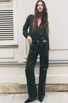 Длинные брюки с принтом ZARA, черный/зеленый