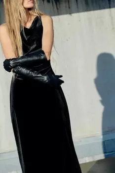 Длинные кожаные перчатки ZARA, черный