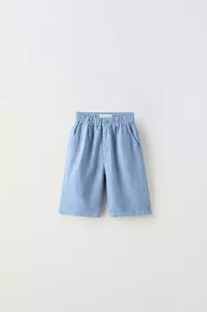 Длинные льняные шорты-бермуды ZARA, светло-голубой