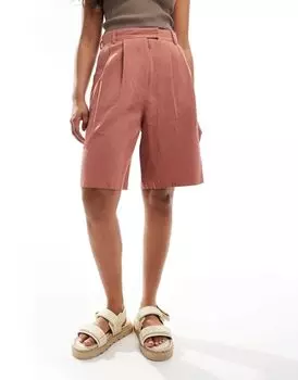 Длинные льняные шорты терракотового цвета с завышенной талией ASOS DESIGN