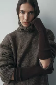 Длинные перчатки тонкой трикотажной работы ZARA, коричневый