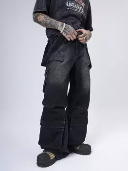 Длинные расклешенные джинсы Denimwave с бретелями. Мужская уличная одежда в стиле ретро Y2K, черная Manfinity, черный