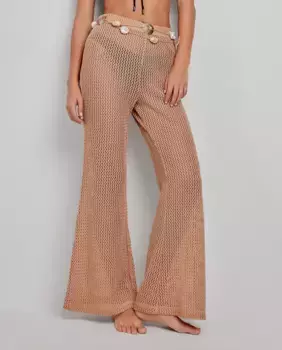 Длинные расклешенные пляжные брюки из вязаной крючком ткани Gisela, цвет Camel