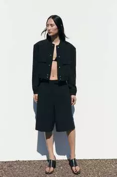 Длинные шорты-бермуды с вытяжками ZARA, черный