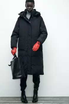 Длинный анорак с капюшоном ZARA, черный