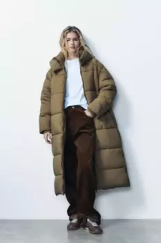 Длинный анорак с защитой от воды и ветра ZARA, темно-оливковый