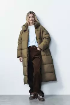 Длинный анорак с защитой от воды и ветра ZARA, темно-оливковый