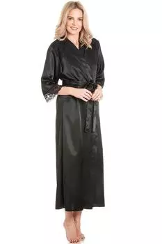Длинный атласный халат английского производства с кружевной отделкой Lady Olga, черный