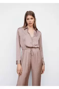 Длинный атласный комбинезон-рубашка Mango, коричневый