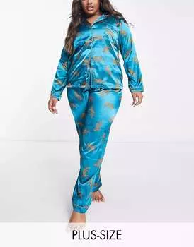 Длинный атласный пижамный комплект Night Plus с бирюзовым леопардовым принтом