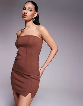 Длинный бандо из ткани понте премиум-класса ASOS DESIGN шоколадного цвета с декоративными швами