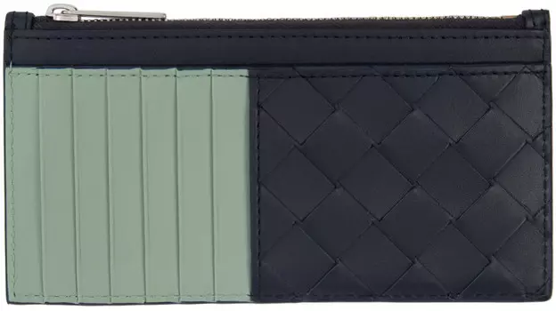 Длинный держатель карточек Intrecciato на молнии черного и зеленого цвета Bottega Veneta