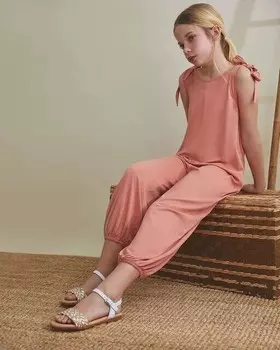 Длинный девичий комбинезон с бантом на плечах Dadati, коралловый