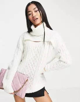 Длинный джемпер Miss Selfridge цвета слоновой кости с вырезами на косах