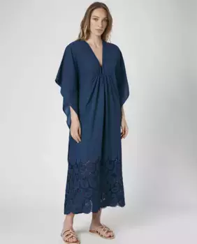 Длинный хлопчатобумажный кафтан с вышивкой La Fabrica de Lino, тёмно-синий