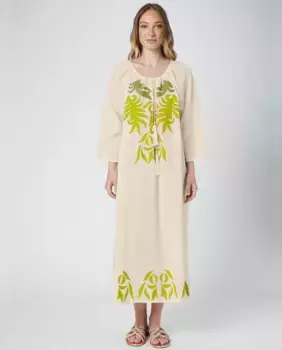 Длинный хлопковый кафтан с вышивкой La Fabrica de Lino, зеленый